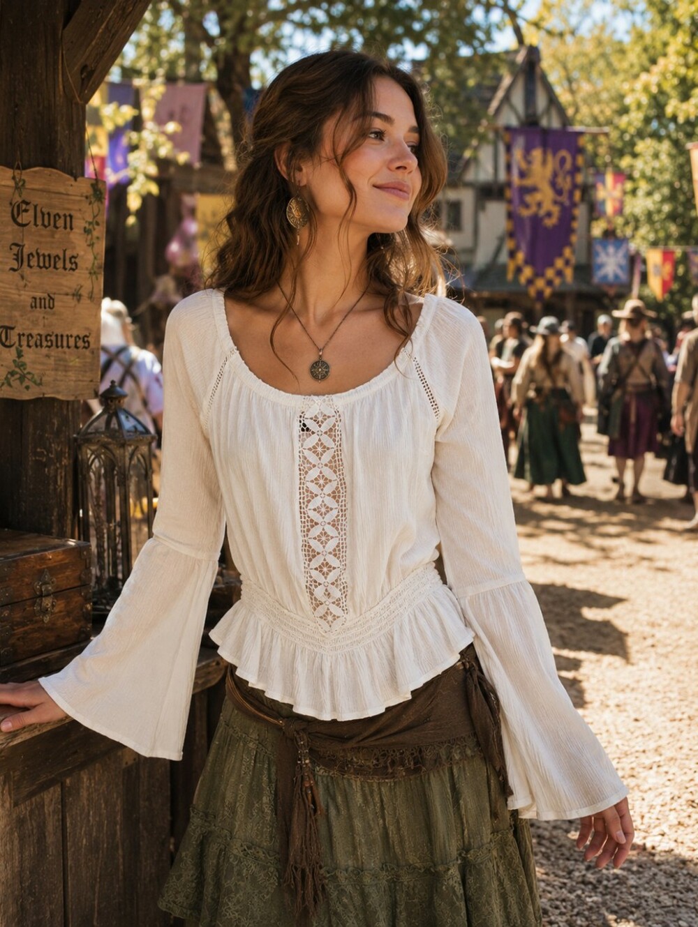 Boho Lace Peplum Top Bell Sleeve Ren Faire Fairy Cottagecore Beachy Coquette L